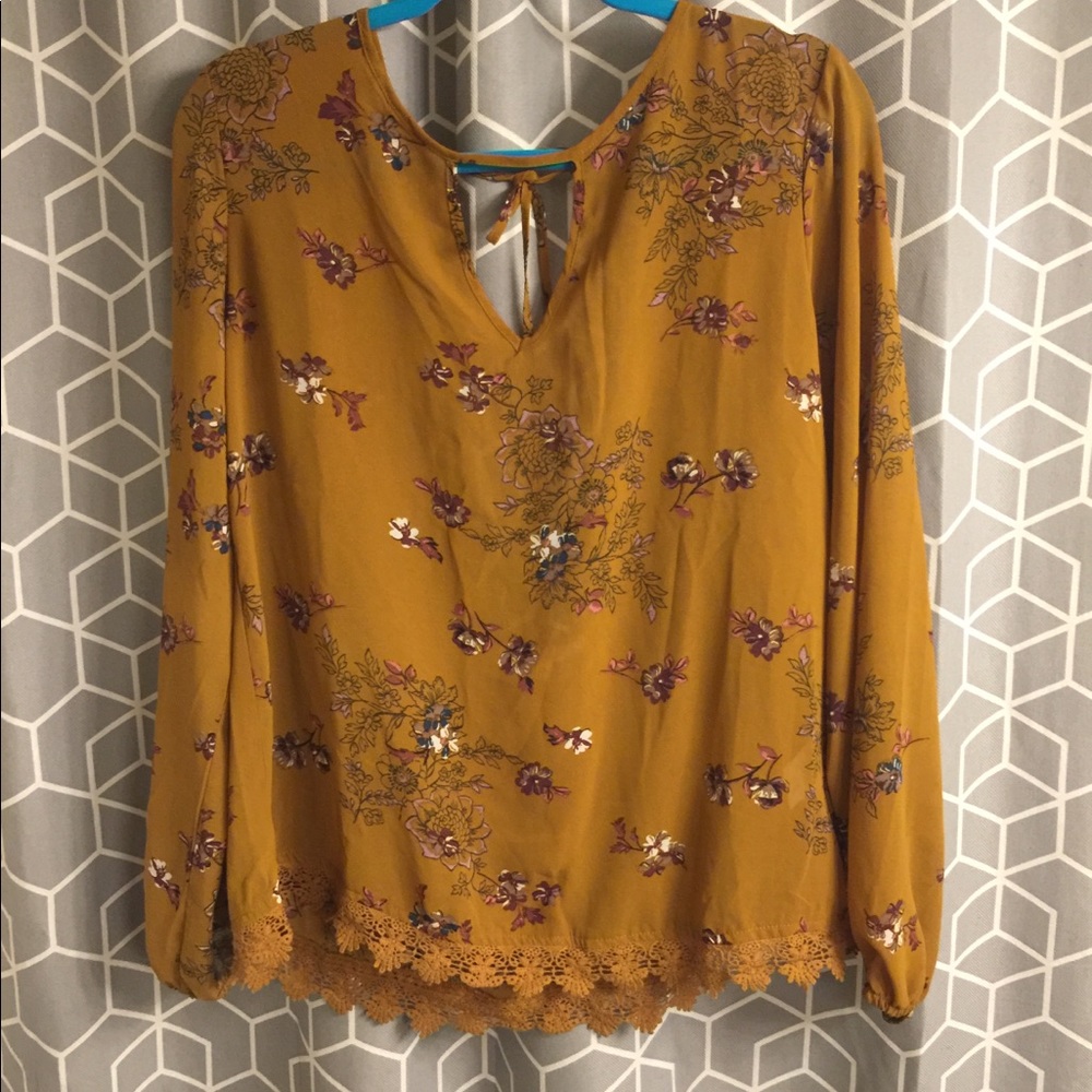 Bohemian mustard floral print blouse-low tie back